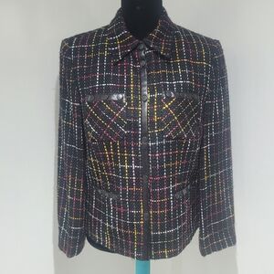 Lanalee Women's Vintage Tweed Button Down Jacket Pleather Trim 10 Black Multi